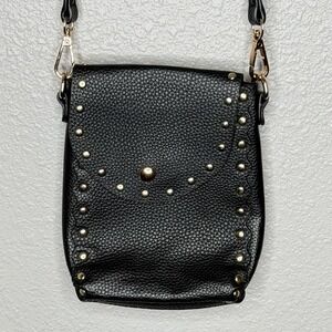 Black Studded Mini Crossbody Bag Faux Leather Gold Hardware Y2K Festival Biker